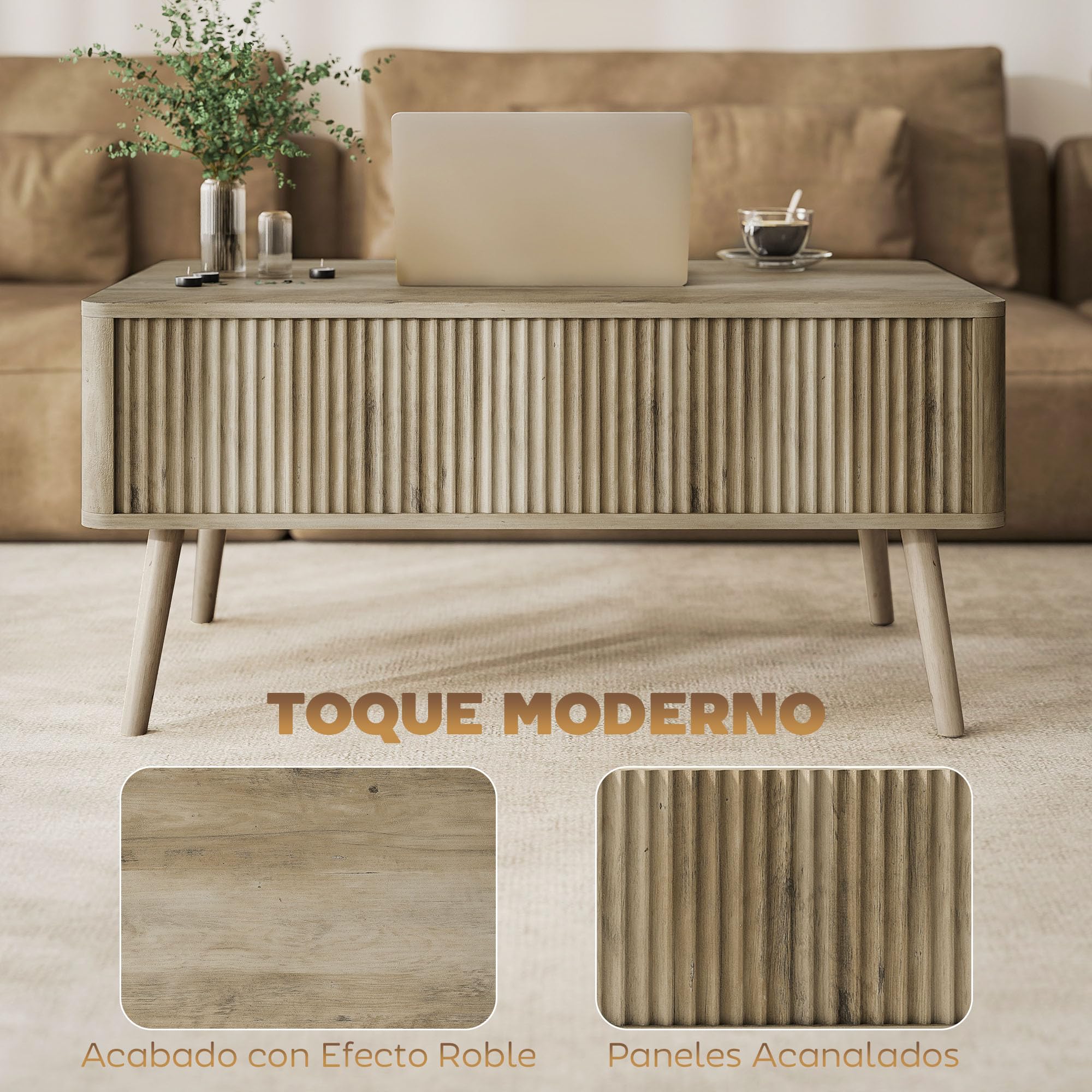 HOMCOM Mesa de Centro Elevable, Mesa de Café para Salón, Comedor, con Compartimentos Ocultos de Almacenaje y Patas de Pino, 91x56-80,5x43-57,5 cm, Roble