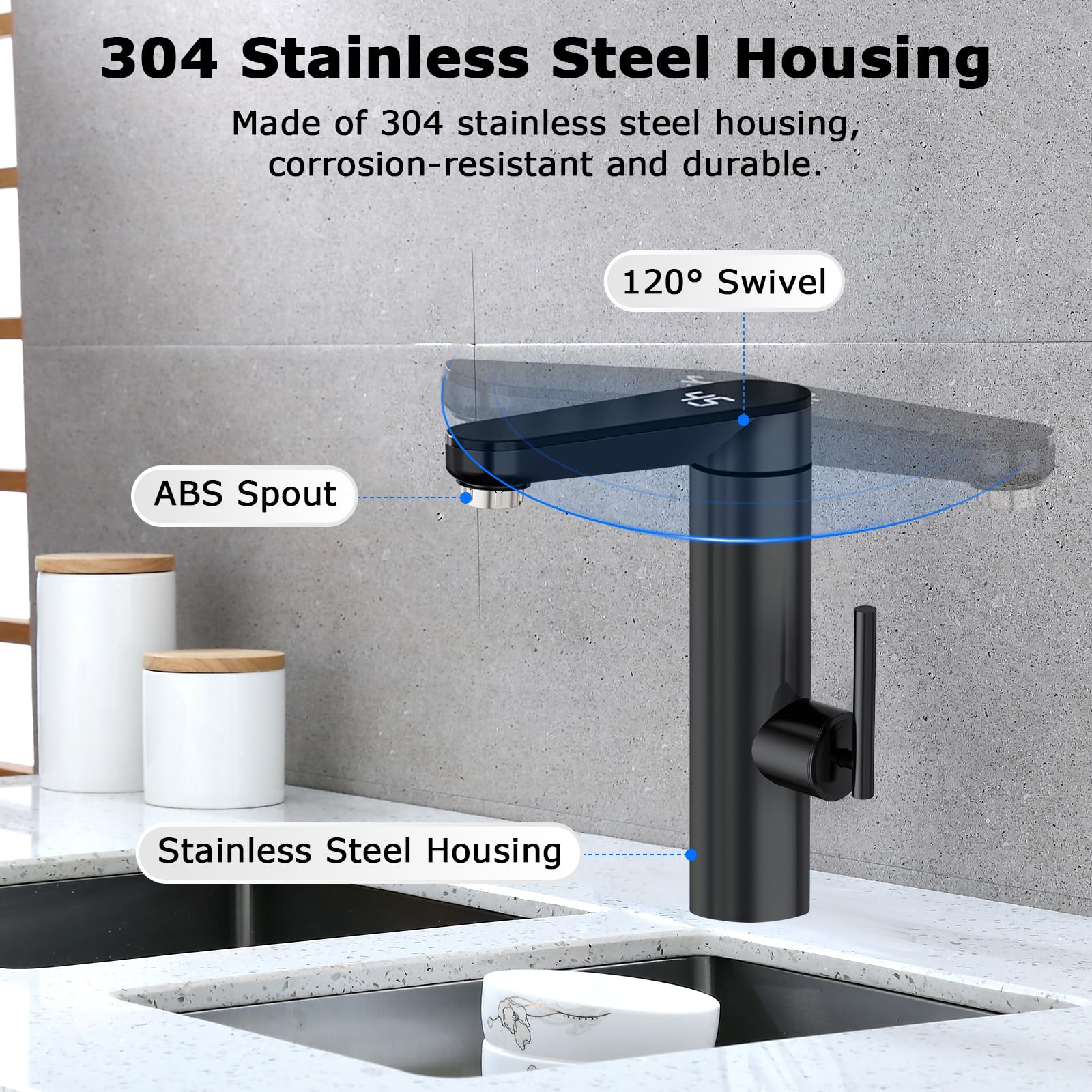 Wasserhahn mit Durchlauferhitzer, Warmwasserhahn Dlektrisch, Elektrischer Heiß- und Kaltmischer Wasserheizhahn mit digitaler Anzeige, 220 V 3000W Edelstahl Wasserhahn mit 120° drehbarem (Black)