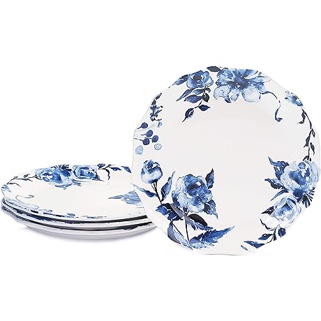 Bico Watercolor Blue Flower Scalloped Dinner Plates