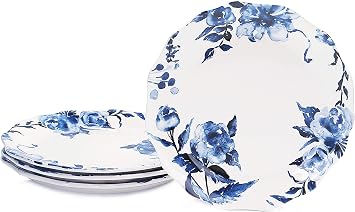 Bico Watercolor Blue Flower Scalloped Dinner Plates, Ceramic, 11 inch, Set of 4, for Pasta, Salad, Maincourse, Microwave & Dishwasher Safe