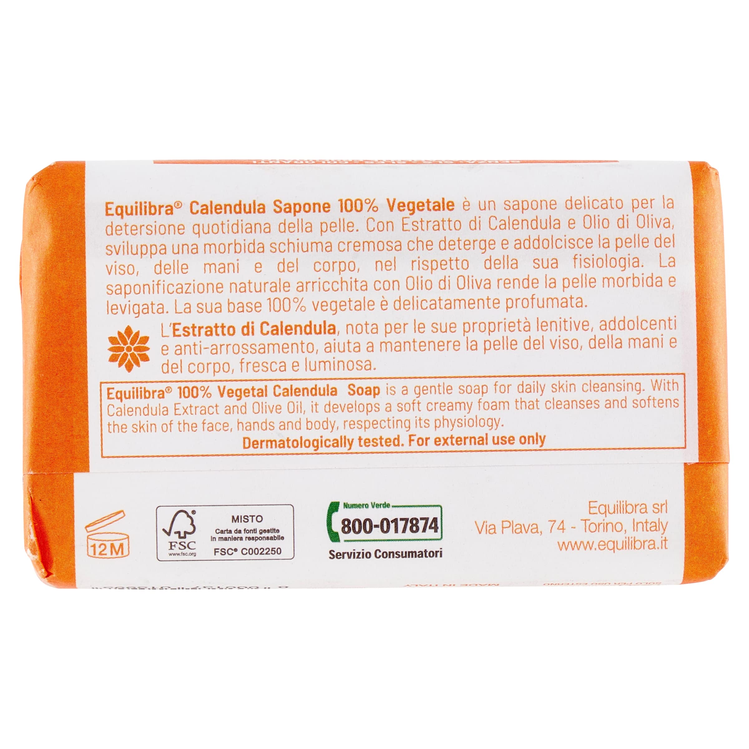 equilibra Calendula Sapone 100% Vegetale, Funzione Anti Arrossamento, 100g, Pacco da 12