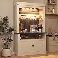 GarveeHome 72" Farmhouse Coffee Bar Cabinet with LED Lights, Buffet Sideboard, Microwave Stand, Wine Rack & Glass Shelves - White Oak