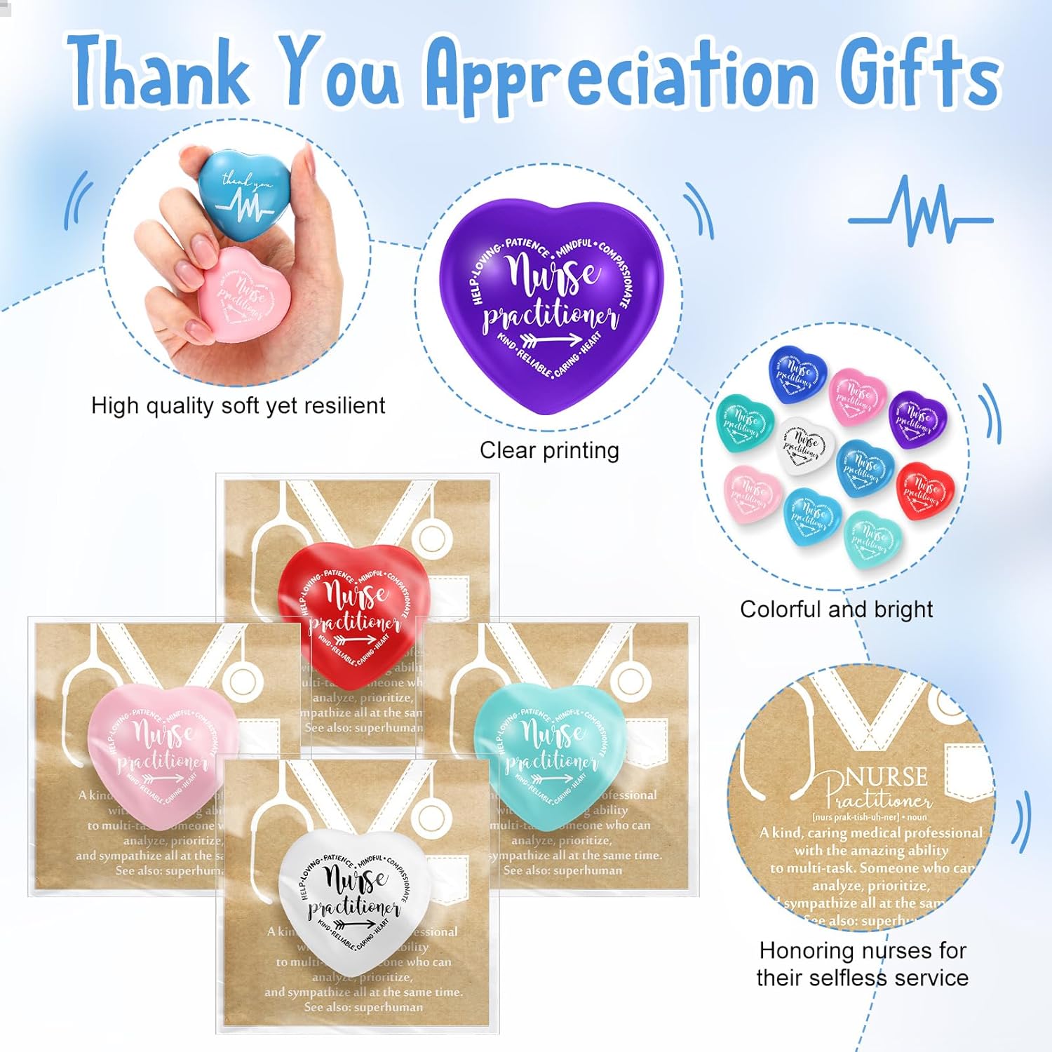 Condition photo showing New/Like New for 20 set nurse practitioner gifts bulk heart stress balls relief stress inspirational squeeze ball with appreciation card for employee coworker medical team 20 nurse practitioner