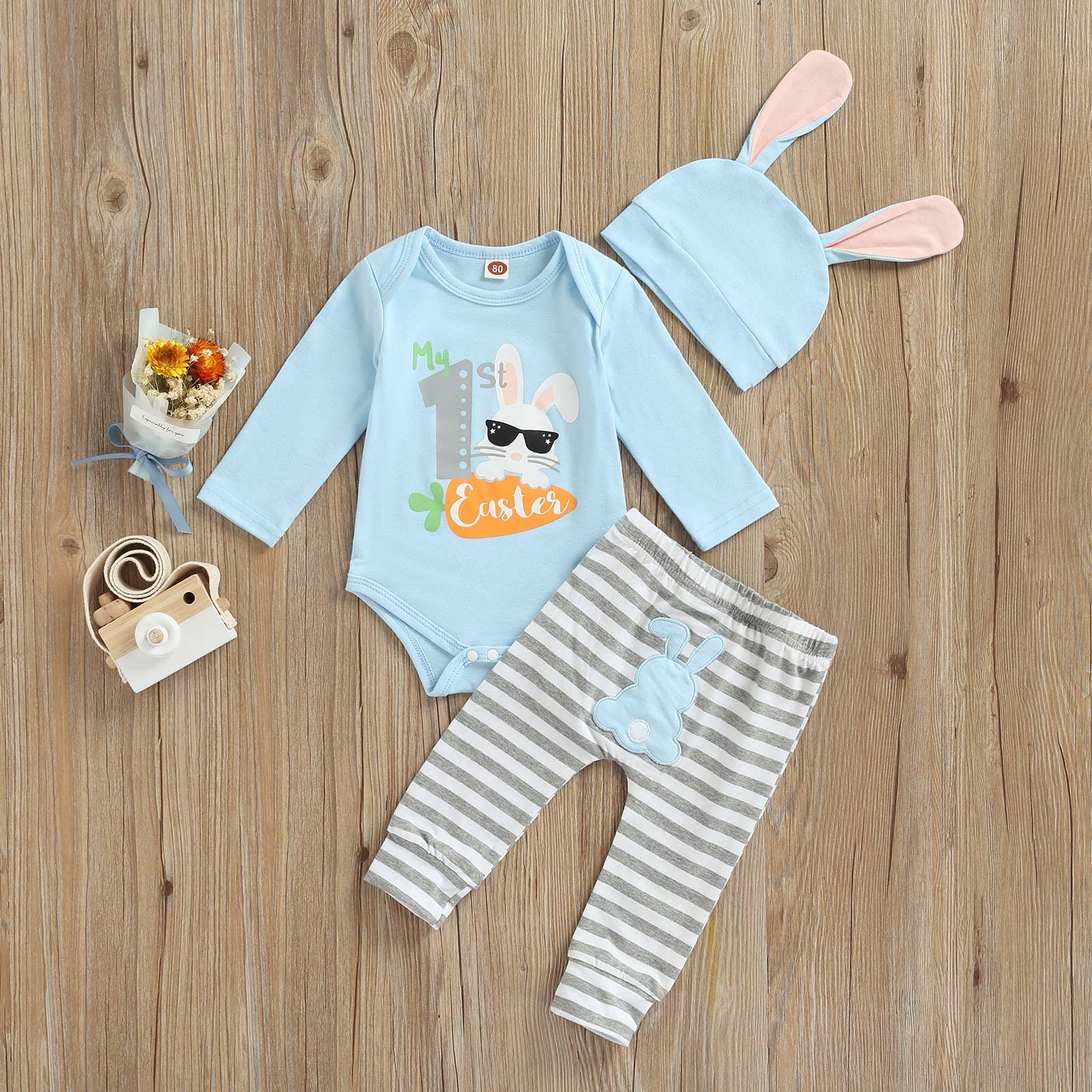 My First Easter 3Pcs Outfits Newborn Baby Boy Long Sleeve Letter Romper Rabbit Striped Trousers Bunny Hat Set (Light Blue, 6-9 Months)