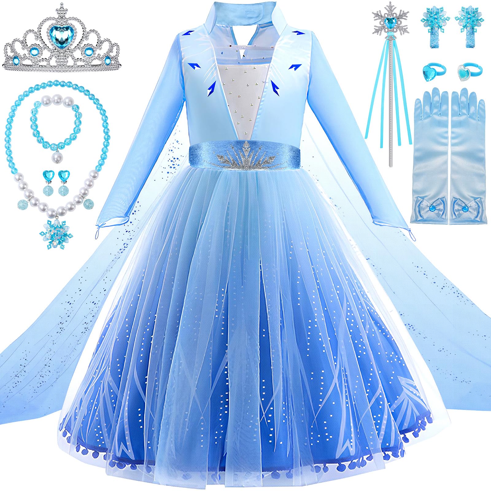G.C Disfraz Elsa Frozen Princesa Niña 3 4 5 6 7 8 Años, Vestido Frozen con Accesorios Joyas Niña Varita Magica Disfraz de Princesa Niña para Cumpleaños Navidad Halloween Regalos Niña