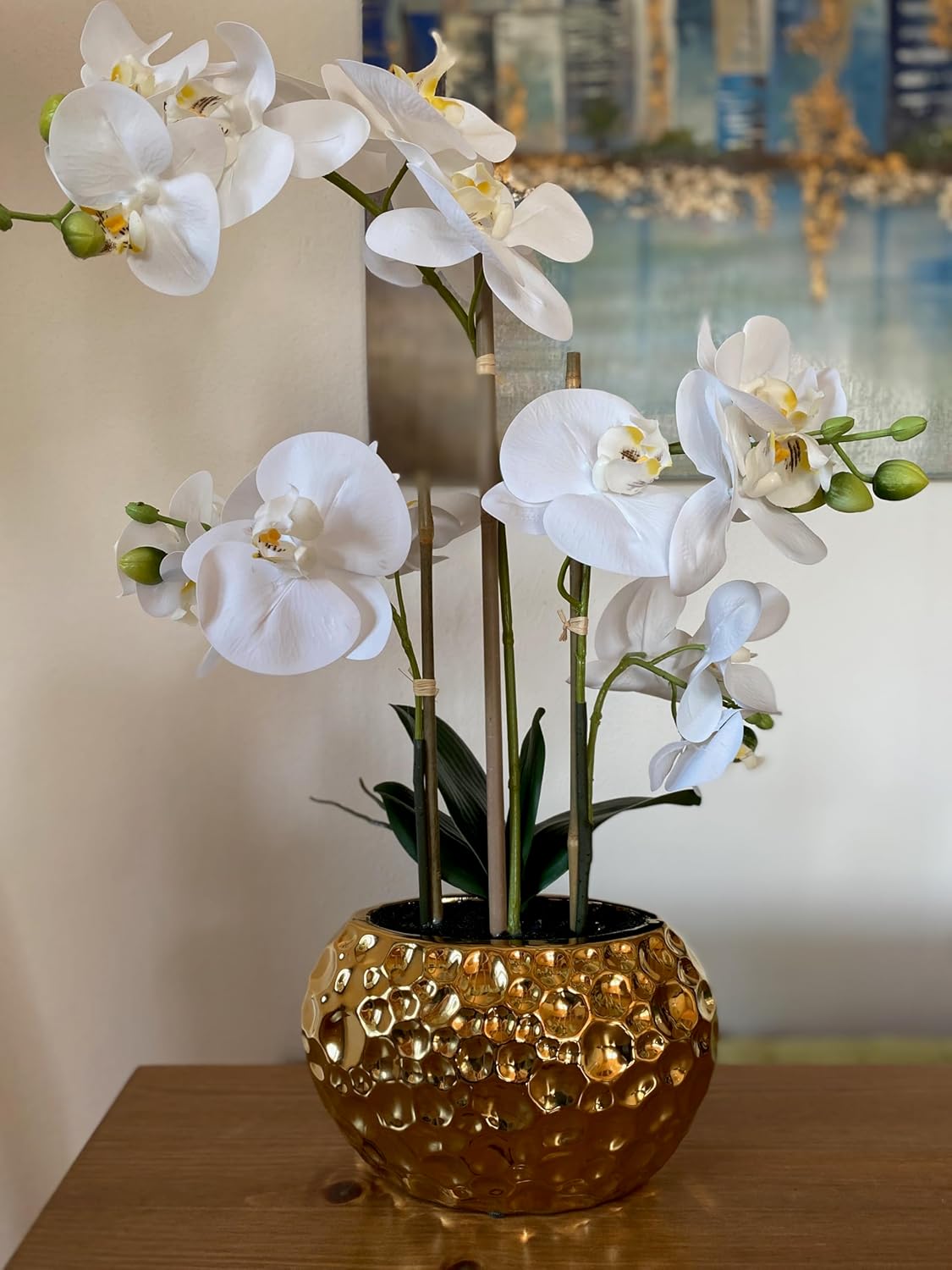 Potted Faux Artificial Flowers Arrangements Realistic White Phalaenopsis Orchid in Golden Pot Home Decoration 23"" High, 1721366-40