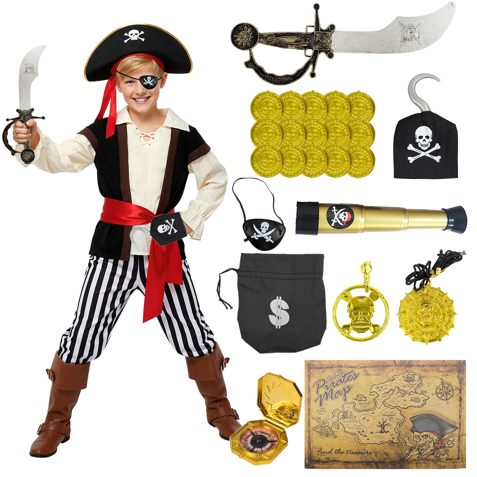 Xerteam Pirate Costume Kids, Pirate Accessories, Kids Dress Up Costumes with Pirate Hat Eye Patch Telescope Map Compass, Halloween Carnival World Book Day Costumes for Boys (Black, 5-6 Years) โ image 1