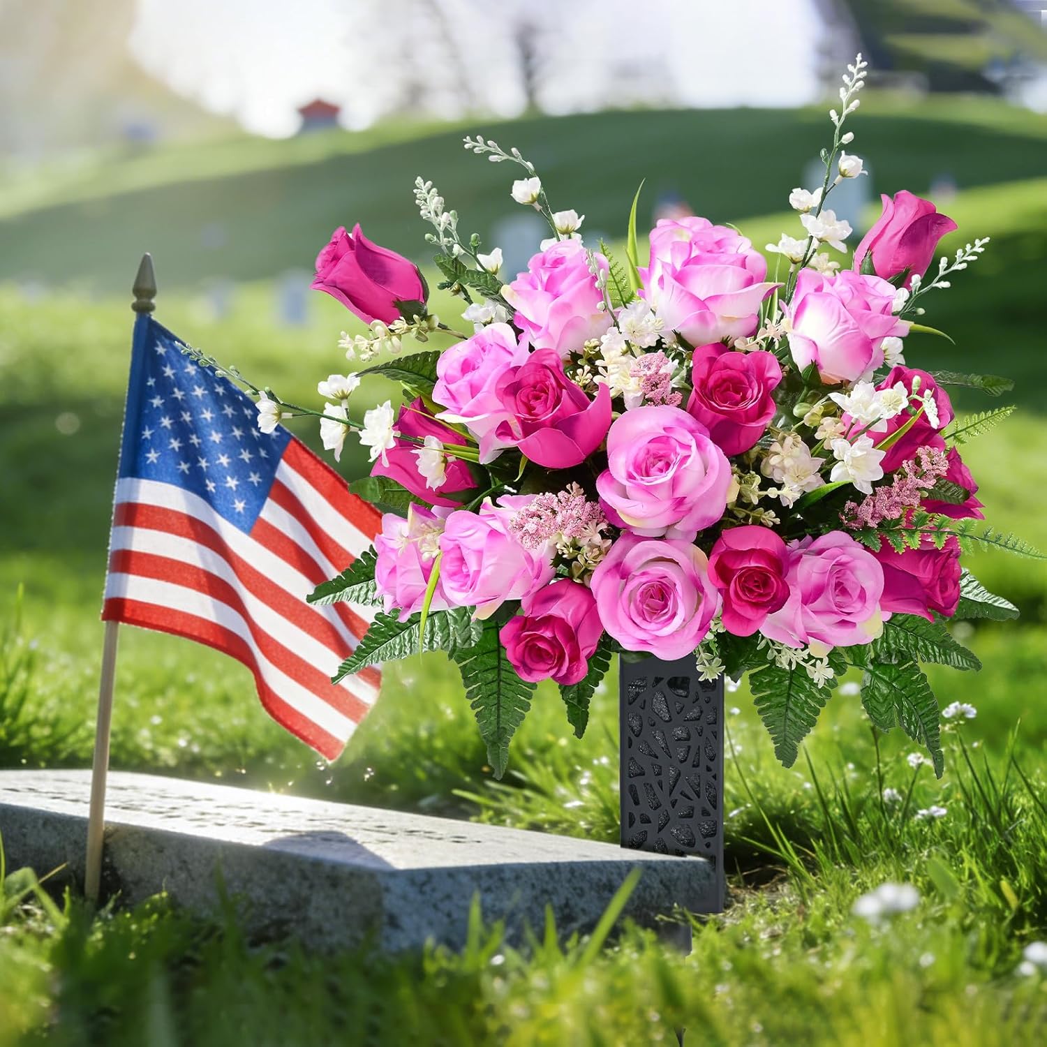 MARTINE MALL 2 Sets Artificial Cemetery Flowers for Grave, Realistic Grave Flowers for Cemetery UV Resistant Memorial Day Flowers Silk Rose Flower with Vase for Cemetery Decorations (Mixed Color)