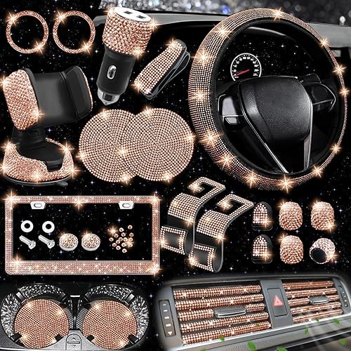 NBTEPEM 27-Piece Gold Champagne Bling Car Accessories Set for Women - Universal Fit 15-Inch Steering Wheel Covers, License Plate Frame, Phone Holder, Car Coasters