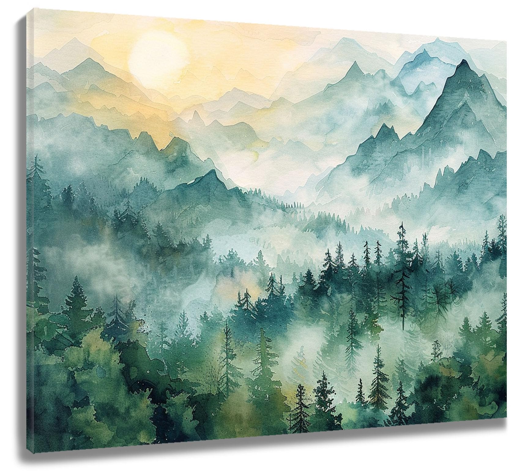 LB Green Mountain Wall Art Abstract Forest Landscape Canvas Wall Art for Living Room Trees and Sun Poster Paint Wall Art Decor for Bathroom Kitchen Bedroom,16Wx12H inch Wooden Framed โ image 1