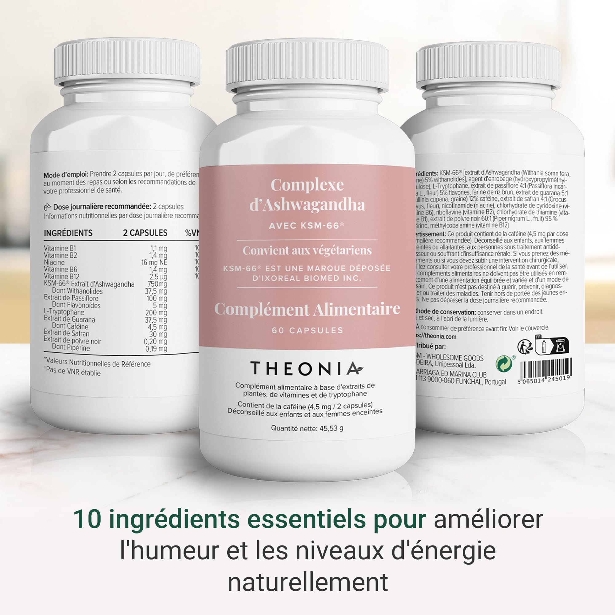 Theonia Ashwagandha Complex 9000 mg KSM-66 Supplément haute résistance pour l'humeur et l'énergie, l'anxiété, le stress - Naturel - 60 capsules, non OGM, végétalien