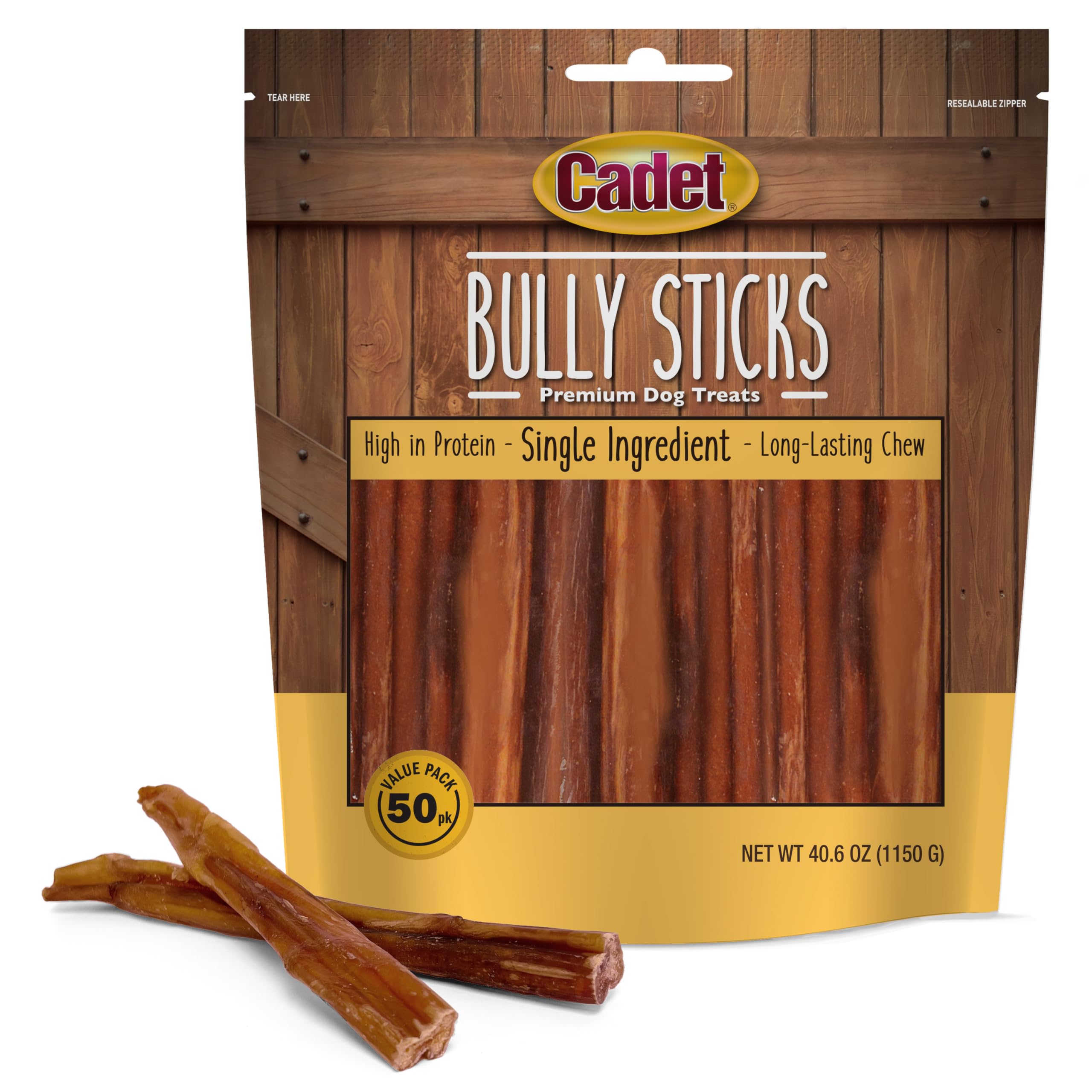 Cadet Bully Sticks for Small Dogs – All-Natural Beef Pizzle, High Protein, Low Fat, Long-Lasting, Grain & Rawhide-Free Dog Chews for Aggressive Chewers, Small (50 Count)