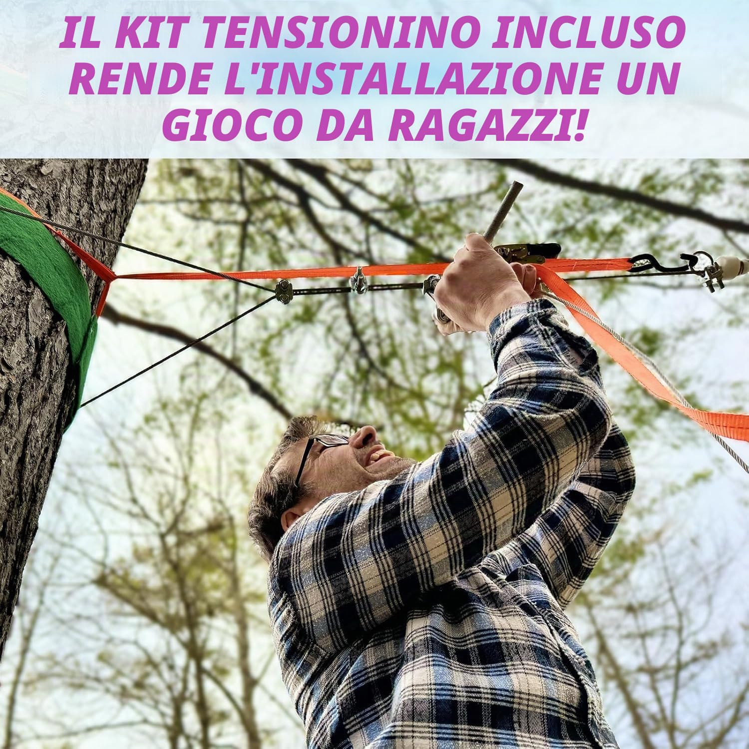 CTSC Set teleferica giocattolo da giardino per famiglie, teleferica per bambini esterni 25m, con freno a molla in acciaio inox, carrucola trolley, cintura di sicurezza, divertimento colorato e