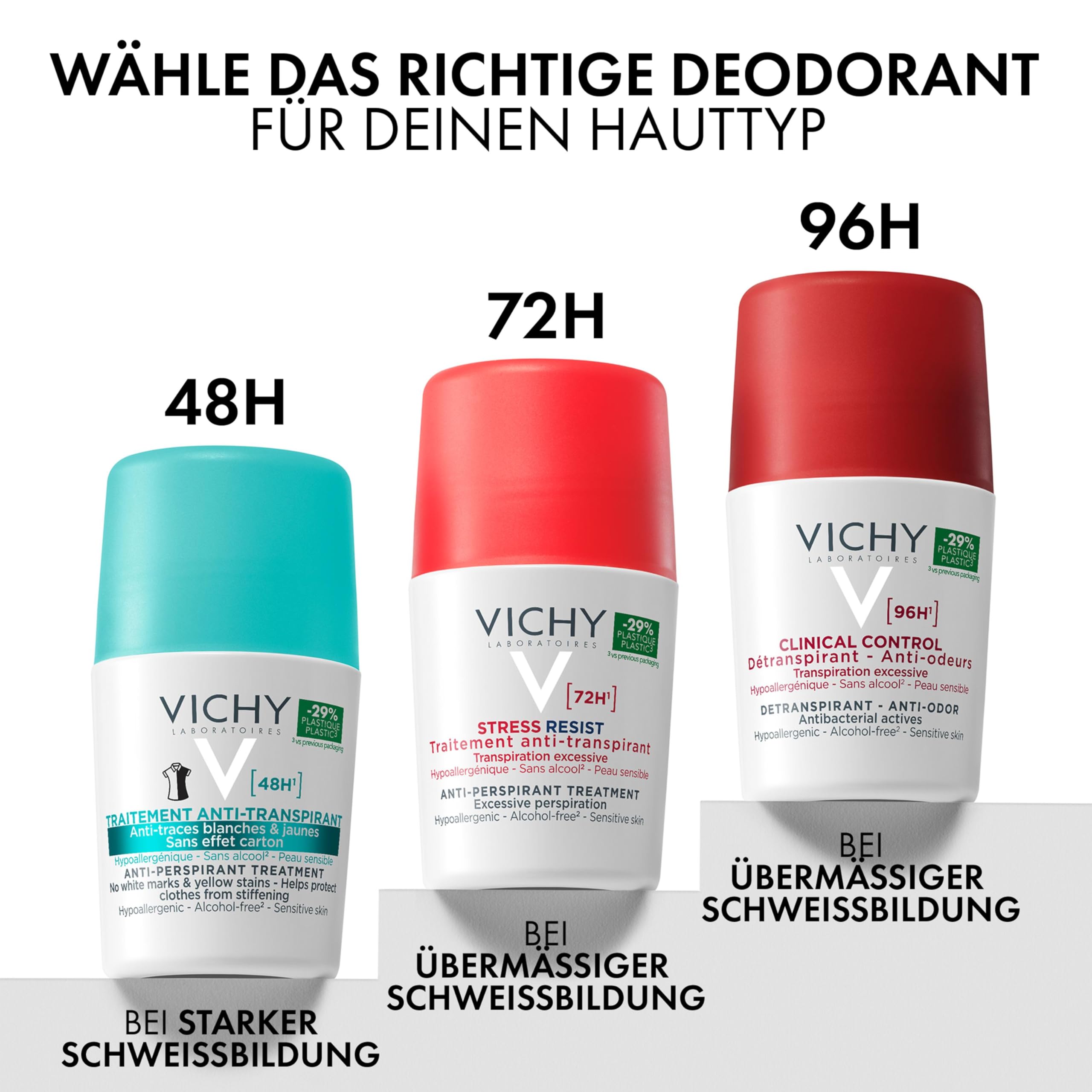 Vichy Anti-Transpirant 48h gegen Flecken, Deo-Roll-on für Frauen und Männer, Schweiß- und geruchshemmend, Keine Spuren auf der Kleidung, Mit Thermalwasser aus Vichy, Für empfindliche Haut