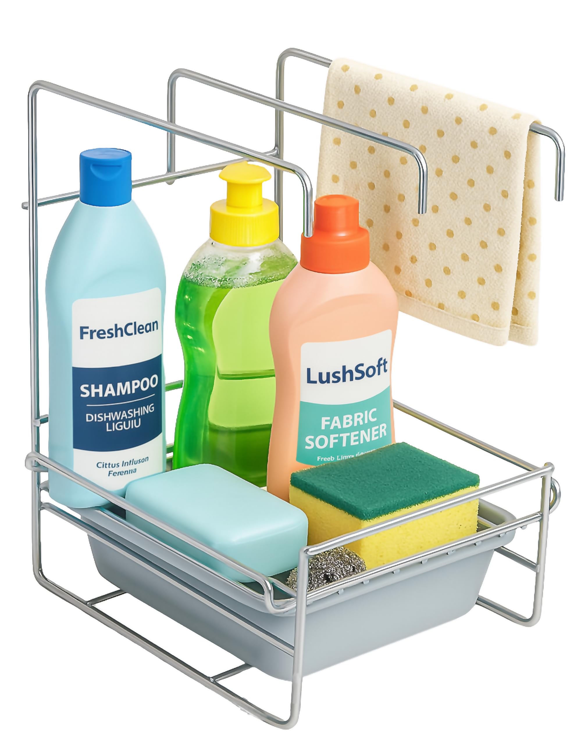 Stainless Steel Kitchen Sink Organizer Rack with Drain Tray & 4 Adhesive Stickers – Wall Mounted or Countertop Sink Stand for Sponge, Soap, Bottle, Cloth – Rustproof Storage Rack