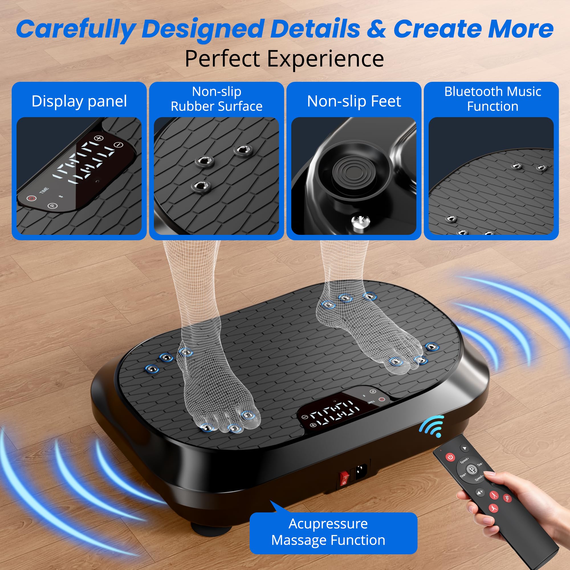 Appareil d'entraînement puissant en plaque vibrante avec haut-parleurs Bluetooth, 120 niveaux d'intensité de massage pour le fitness à domicile, le drainage lymphatique et la formation du corps