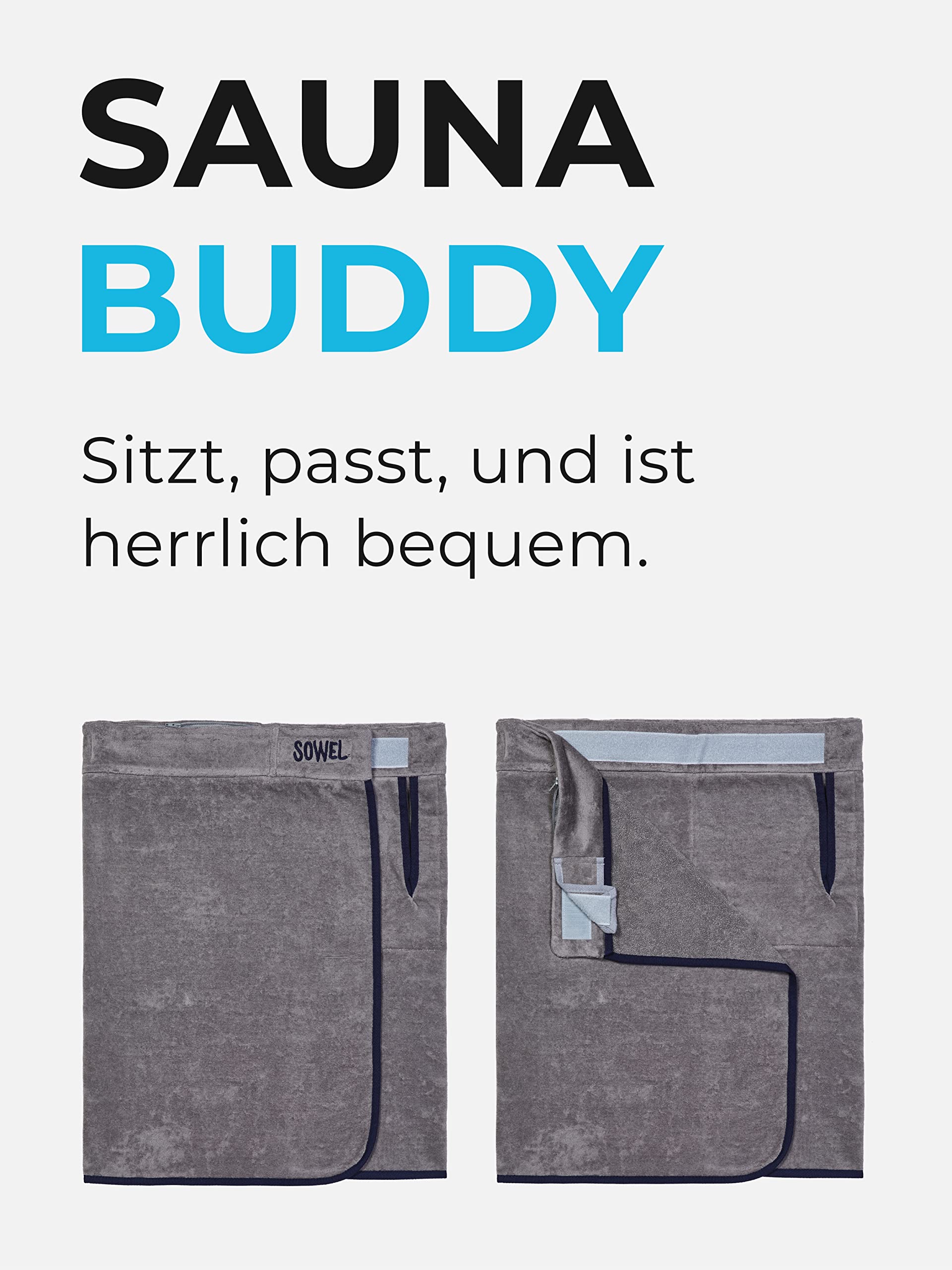Sowel® Kilt per Sauna da Uomo, Asciugamano da Sauna con Chiusura, Telo da Sauna in 100% Cotone, 140 x 60 cm, Grigio/Marina