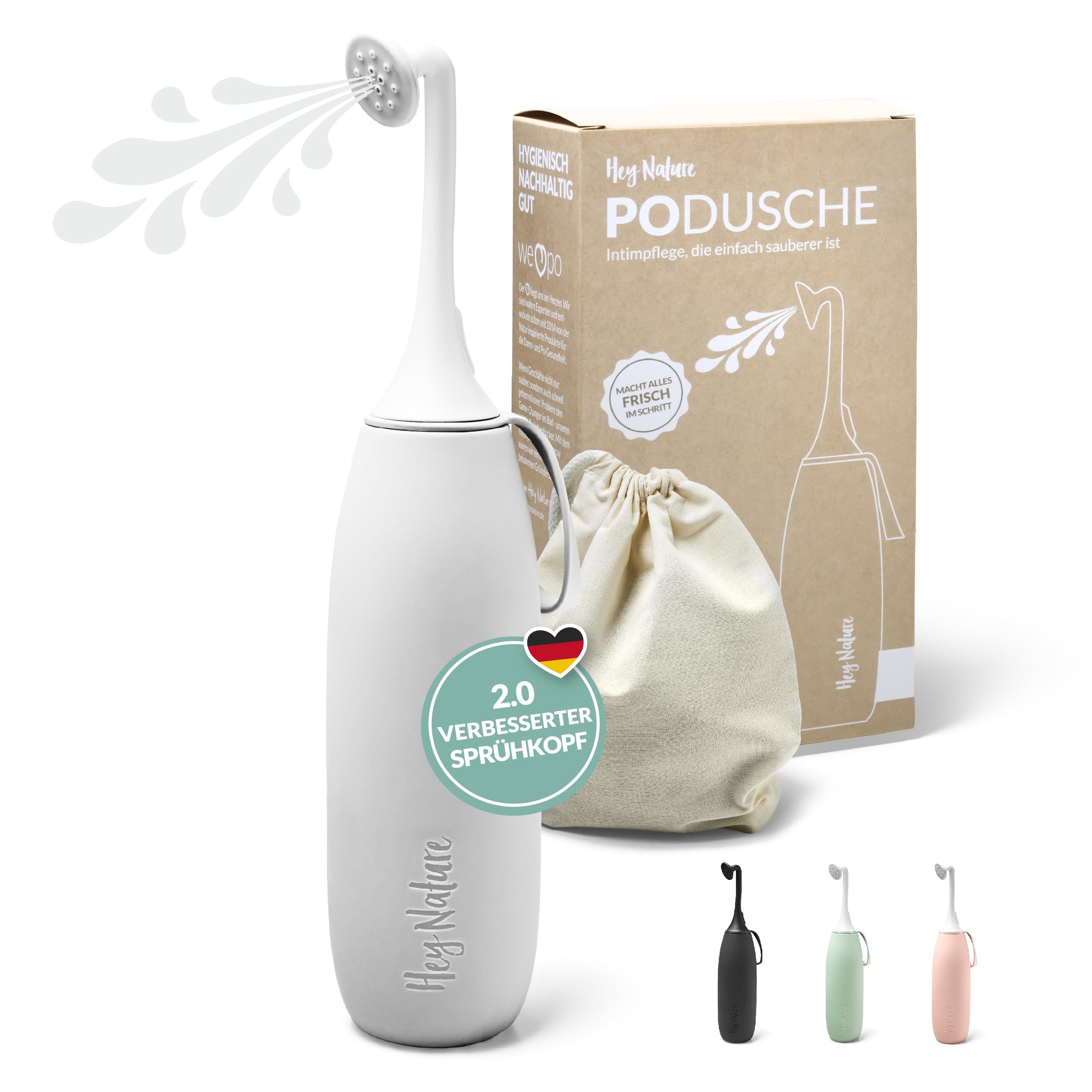 Hey Nature Po Dusche, mobiles Bidet für eine sanfte, hygienische Reinigung des Intimbereichs. Podusche für mehr Wohlbefinden im Wochenbett, bei Hämorrhoiden & alternativ zu feuchtem Toilettenpapier