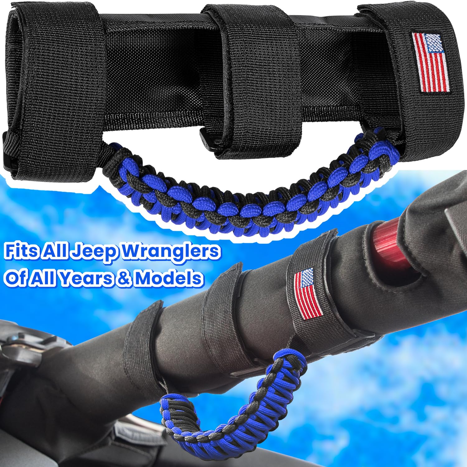 4 maniglie per roll-bar per Jeep Wrangler YJ TJ JK JKU JL JLU Sport Sahara Freedom Rubicon Unlimited X Gladiator JT 1955 – 2024 UTV ATV Premium Paracord accessori interni bandiera americana (blu)