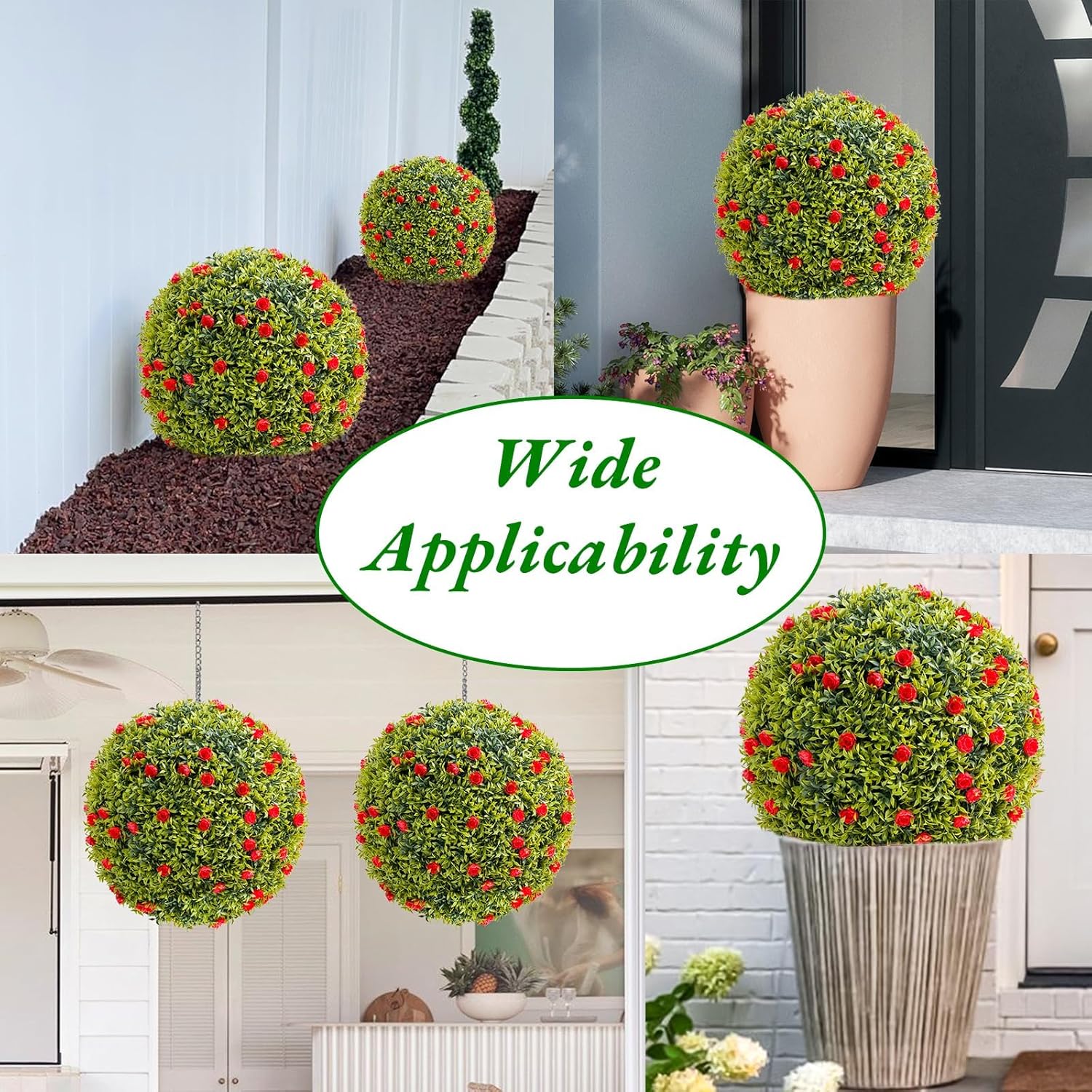 2 Pack 20.5" Artificial Boxwood Topiary Balls with Red Flowers - Realistic Faux Greenery for Porch, Patio, Balcony Decor - Outdoor/Indoor Hanging Plants, Wedding & Home Decoration