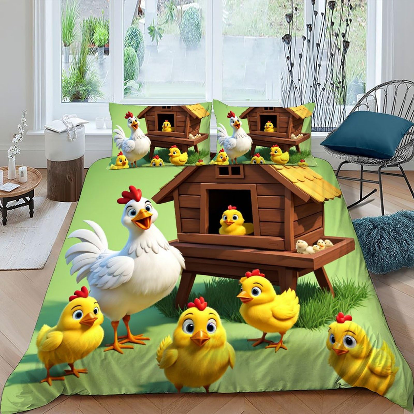 Housse de couette poulet 3 pièces lit King pour une chambre chaleureuse et joyeuse