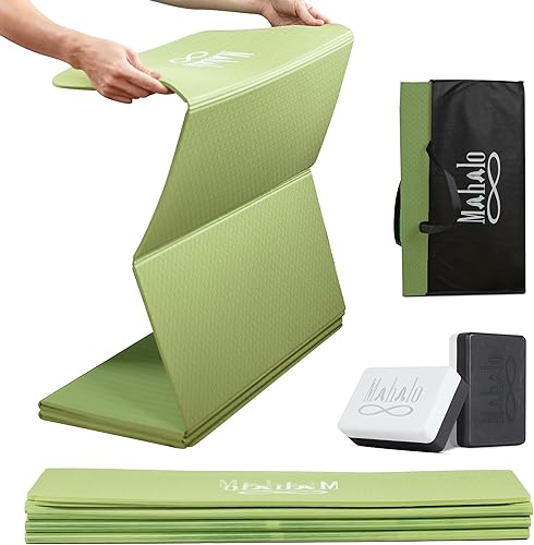 Tapete de yoga plegable + bolsa de transporte + 2 bloques de yoga, tapete de entrenamiento de 7 pliegues de 0.236 in, fácil de almacenar,