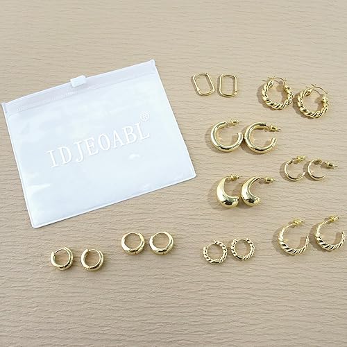 Miniatura 6 de Juego de 9 pares de arracadas chapadas en oroplata esterlinaoro rosa para mujer, aretes de aro gruesos de moda chapados en oro real de 14 quilates