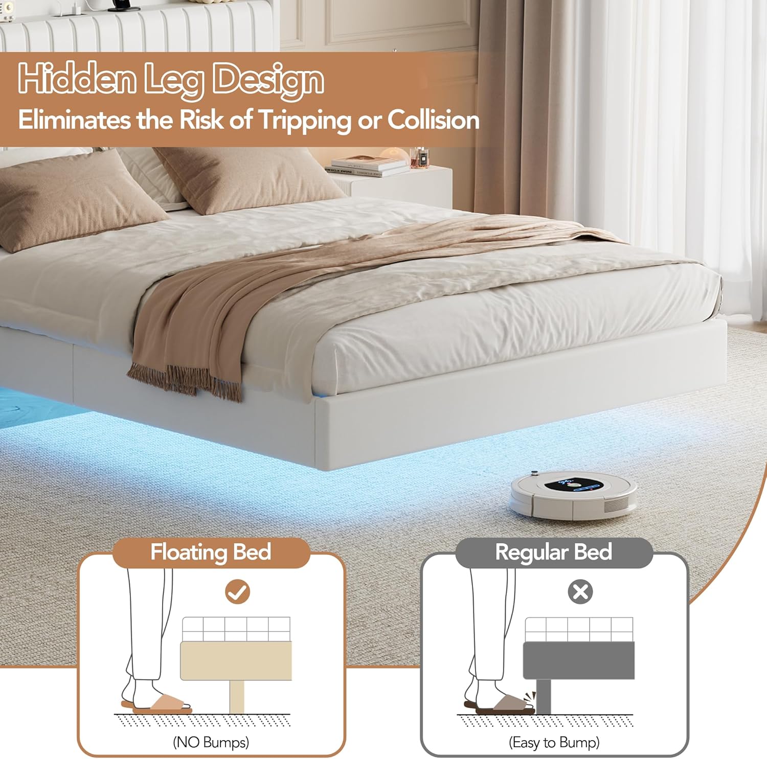 GAOMON Queen Floating Bed Frame with LED Lights & Charging Station, Upholstered Leather Platform Bed Frame with Headboard, 50" Tall Floating Bed with Stable Structure, No Box Spring Needed,White