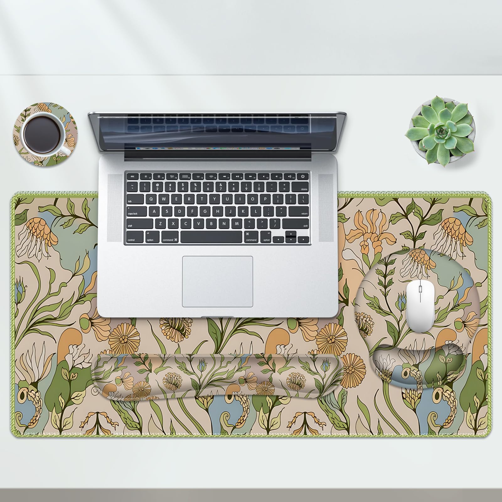 AIMSA Grand tapis de souris ergonomique avec repose-poignet, tapis de souris de jeu avec support de poignet, tapis de clavier combo accessoires de décoration de bureau, plantes abstraites à fleurs