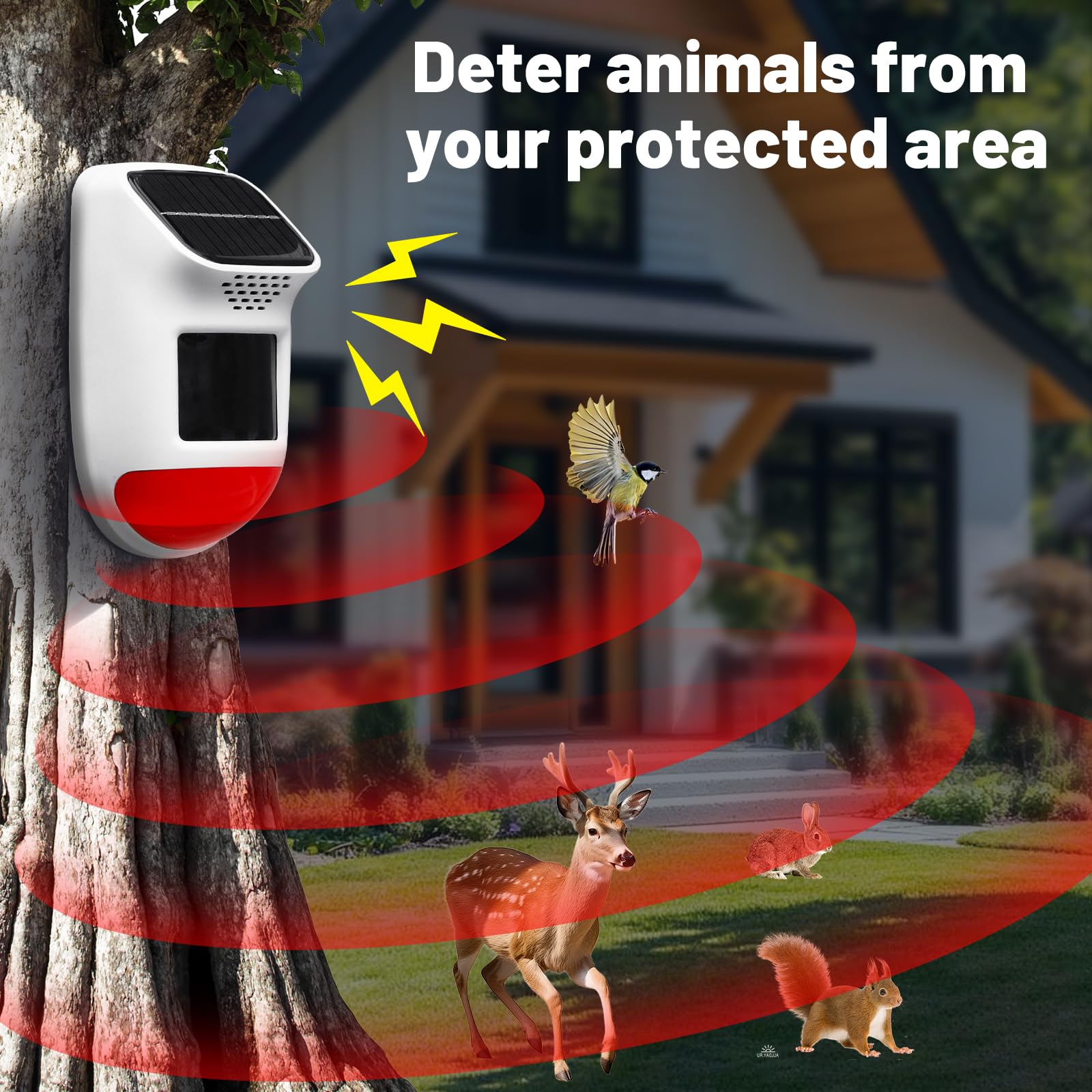 Alarma solar con sensor de movimiento, sirena de seguridad impermeable IP65 de 120 dB con control remoto y luz estroboscópica, 3 modos para patio/granja/hogar, detección apta para mascotas de 5 a 8 m