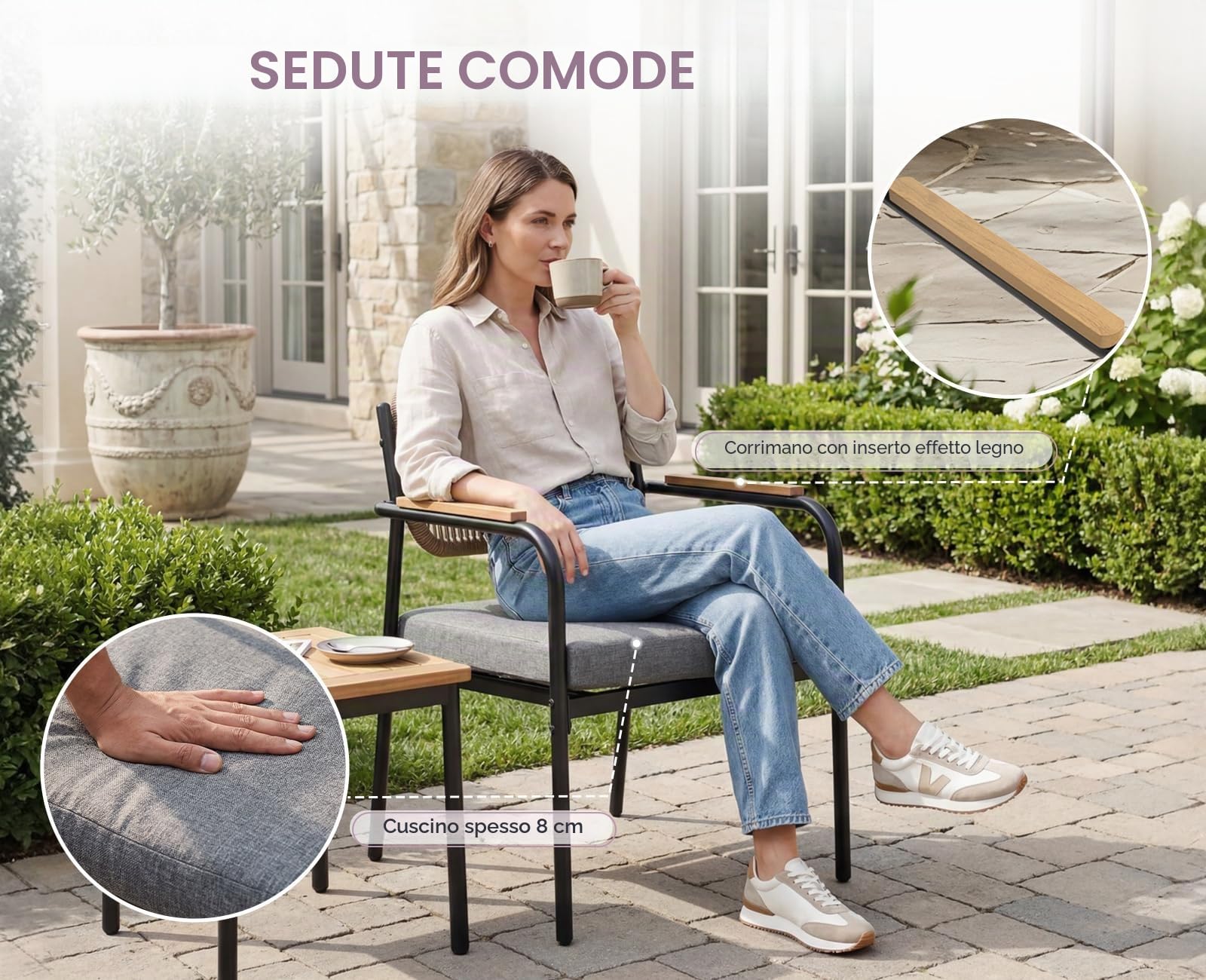Ya-Home Set di 2 Sedie da Giardino per Esterni in Tessuto Resistente, Grigio | Poltrona da giardino con cuscino da 8 cm, resistente alle intemperie, in metallo, per giardino, terrazza, balcone