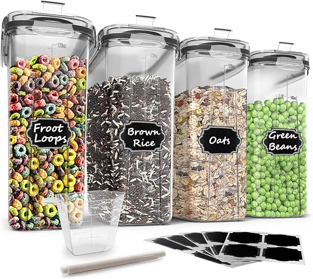 Wildone Food Storage Containers, Airtight Cereal Storage Containers for Sugar, Flour, Snack, Baking Supplies, Leak-proof with Black Locking Lids - Set of 4 (4L /135.3oz)