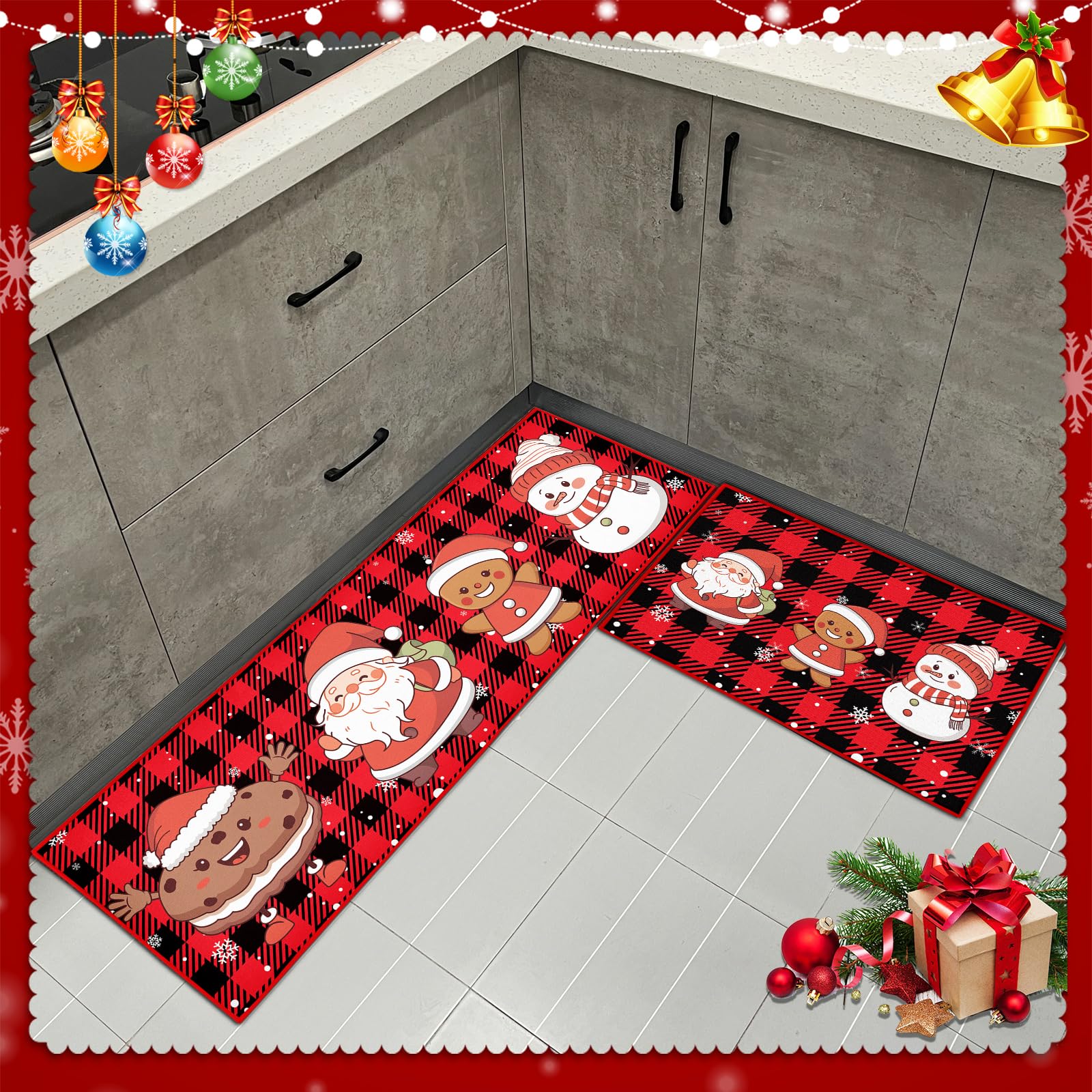 Tappeto da cucina natalizio, antiscivolo, lavabile, per corridoio, soggiorno, bagno, cucina, set decorazione natalizia (Natale H, 43 x 150 cm+43 x 75 cm)