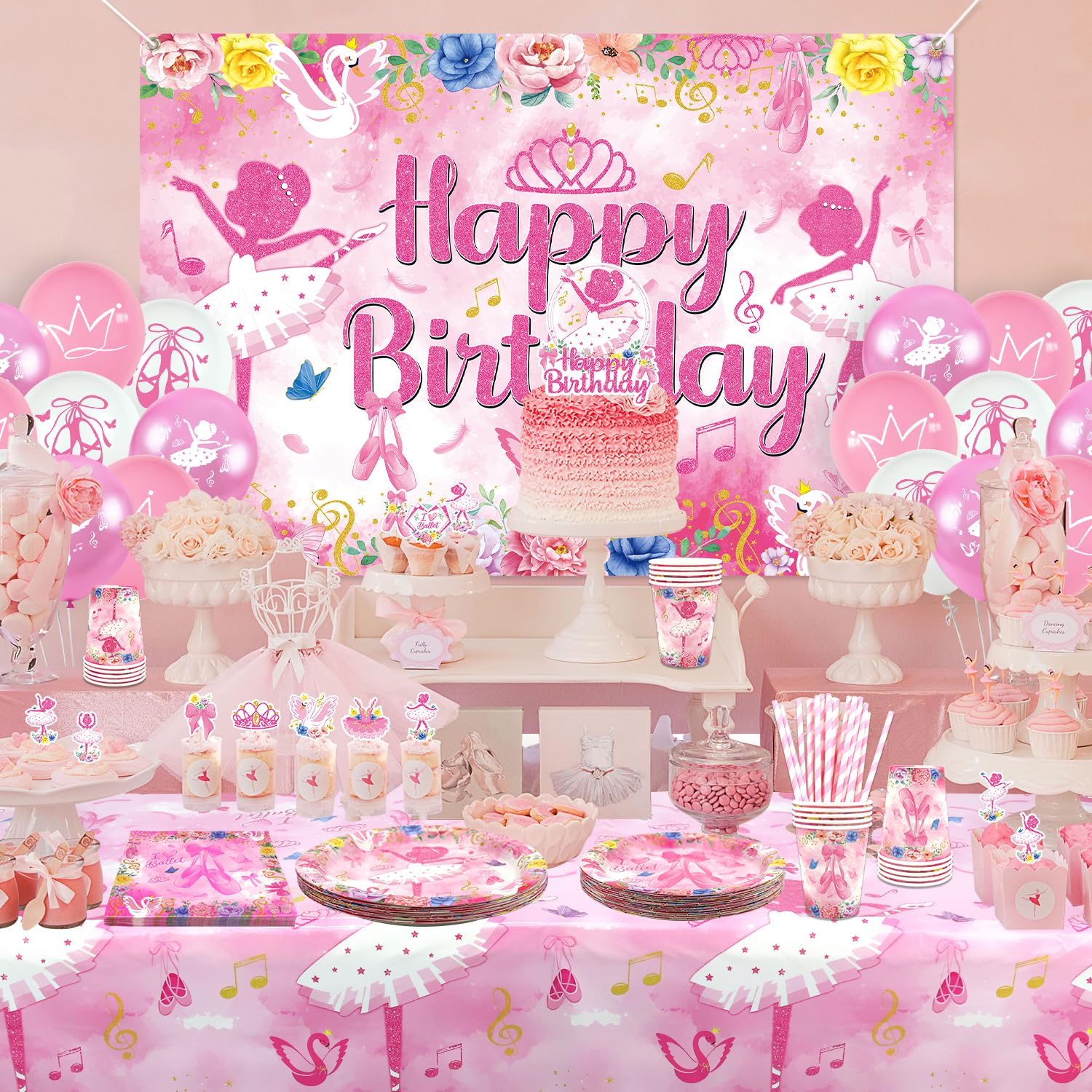 Decorazione Compleanno A Tema Ballerina - Set Tovaglioli, Tovaglia, Sfondo E Accessori Per Feste