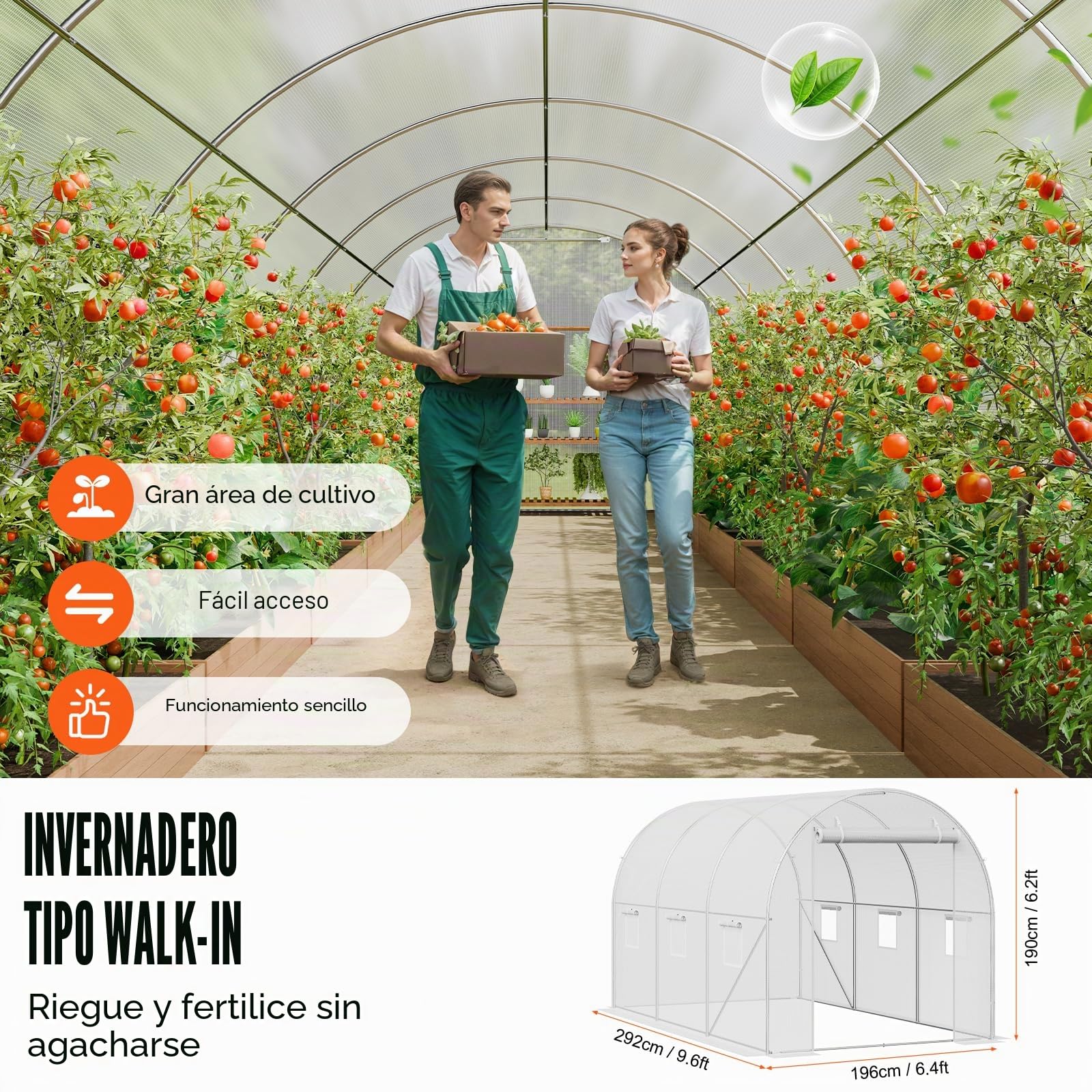 VEVOR Invernadero Túnel 292x196x190 cm Carpa Refugio para Plantas Estructura de Acero Galvanizado Cubierta de PE Puerta Enrollable con Cremallera 6 Ventanas para Cultivo de Verduras Flores, Blanco