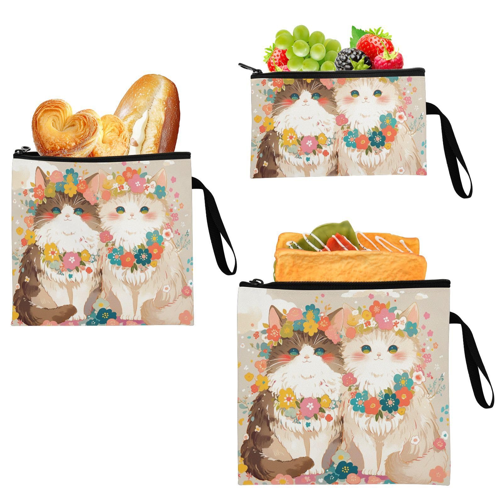 Yoogain Distinctive Cute Flowers Vintage 3 Piecing Reusable Sandwich Bags Multi-Use Emergency Snacks Makeup Bag for Kids Students Adults Food