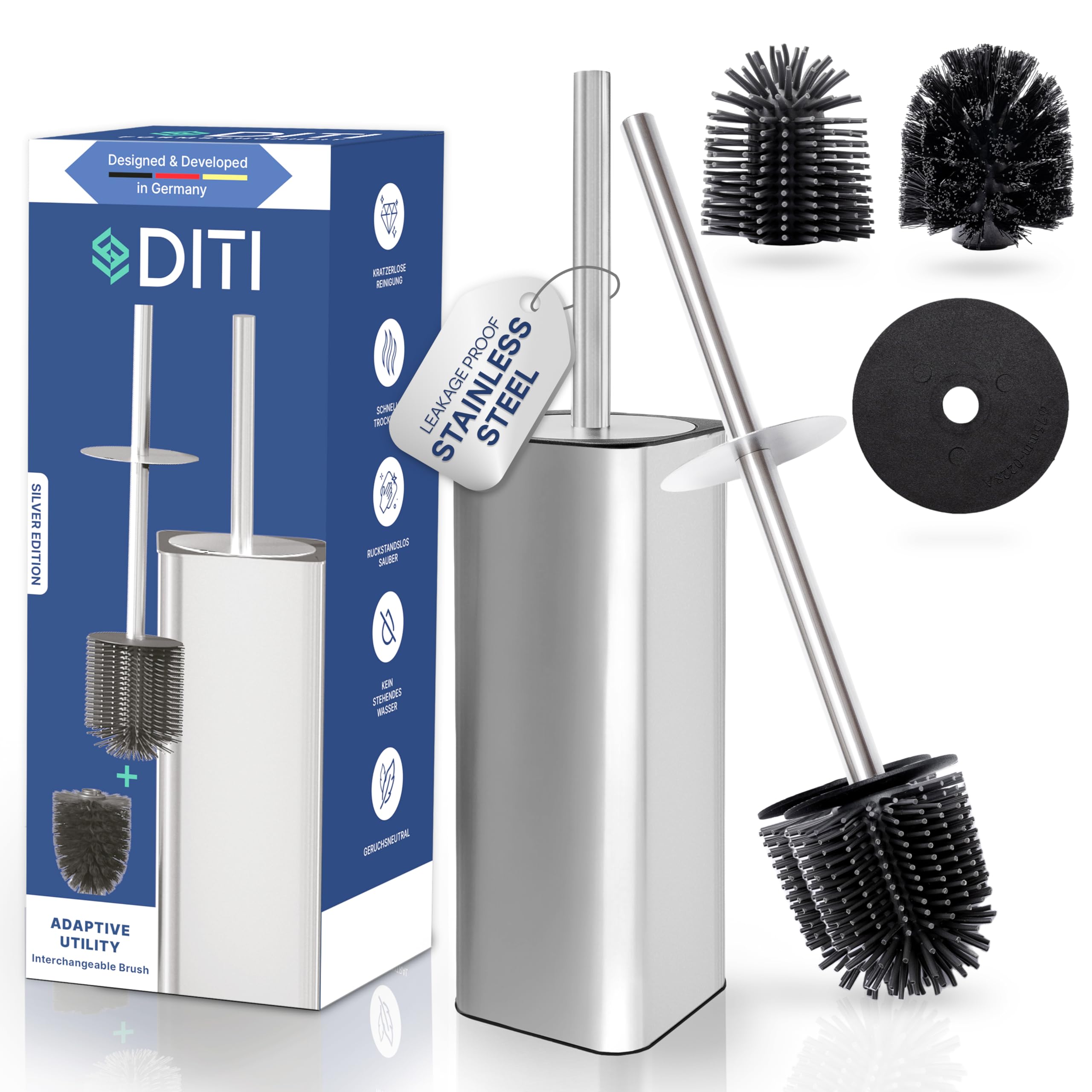 DITI Toilet Brushes & Holder Silver Brushed Stainless Steel Toilet Brush Includes 2 Brush Heads 2 Splash Guards Freestanding Square Silicone Hygienic Toilet Brush - Antibacterial & Durable