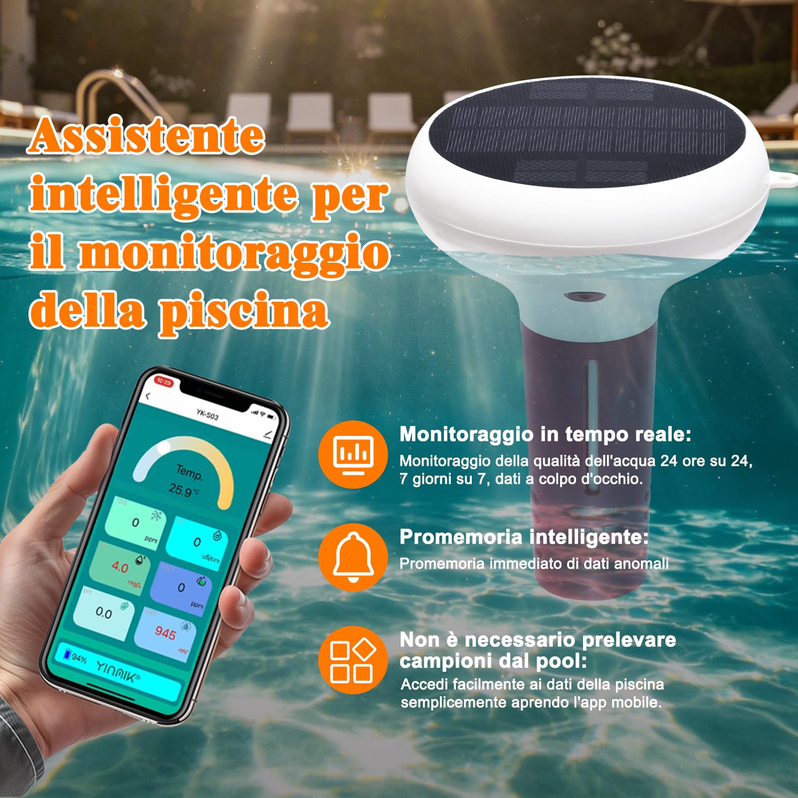 Monitor wifi per pH sale cloro della piscina, Intelligente tester 7 in 1 | Alimentazione solare; galleggiante, completamente impermeabile, app Tuya, istruzioni in inglese, video tutorial in francese
