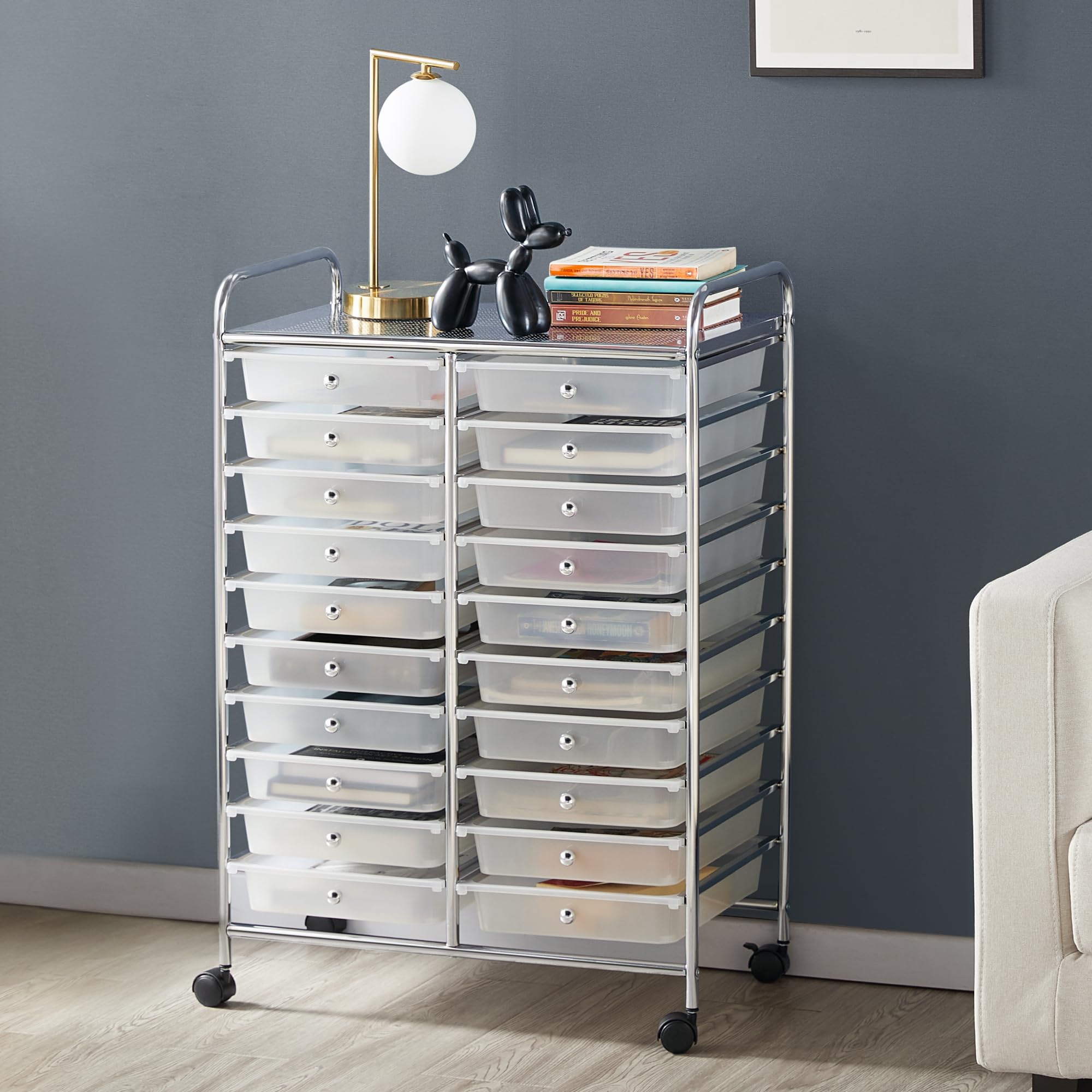 Carrello Portaoggetti Stoccaggio con Ruote 20 Cassetti Cassettiera Rimovibili Plastica per Ufficio Sala da Pranzo Cucina Dispensa Soggiorno Bagno (Bianco)