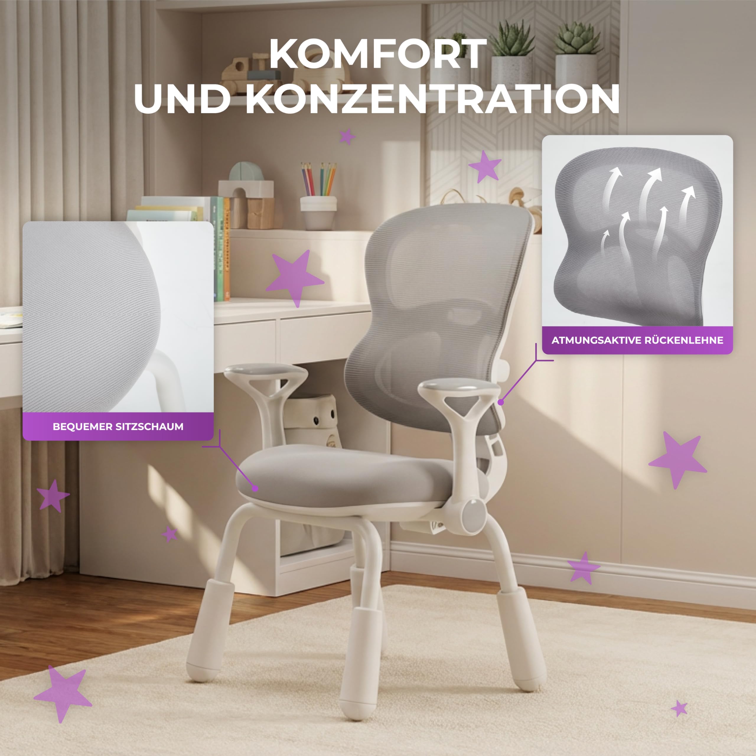Spacetronik Schreibtischstuhl Kinder ohne Rollen, Sitzhöhe 38-46cm höhenverstellbar, Kinderstuhl mit klappbarer Armlehne, Kinderschreibtischstuhl für Jungen & Mädchen