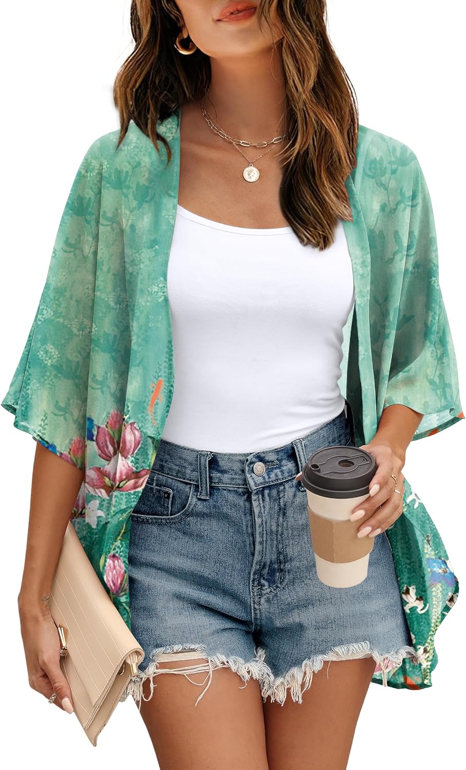 OFEEFAN Beach Cover Ups for Women 3/4 Length Sleeve Womens Tops Summer Cardigan Casual Blouses Loose Fit - Image 3