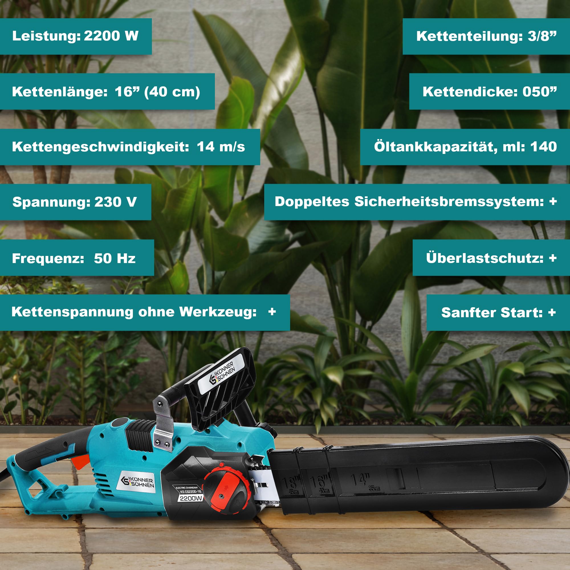 Elektryczna piła łańcuchowa KS CS2200-16, moc 2200 W, długość łańcucha 16" (40 cm), prędkość łańcucha 14 m/s, napięcie łańcucha bez narzędzi