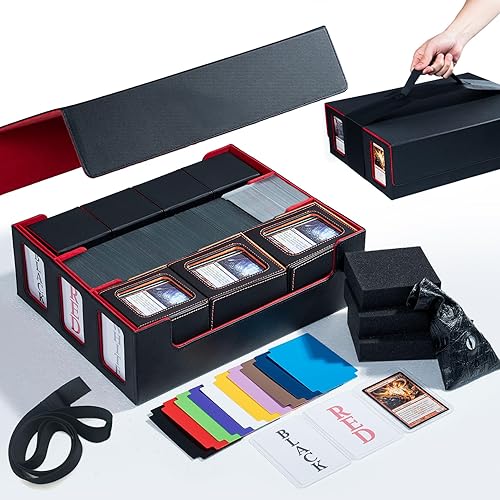 Scimi Extra Large Card Storage Box Holds 3600+ Cards Compatible with 12 Small Deck Boxes, Includes Cthulhu Dice Bag, 10 Colorful Dividers, 4 Protective Foam Pads, Perfect for MTG (Black/Red) - 3200 Black/Red