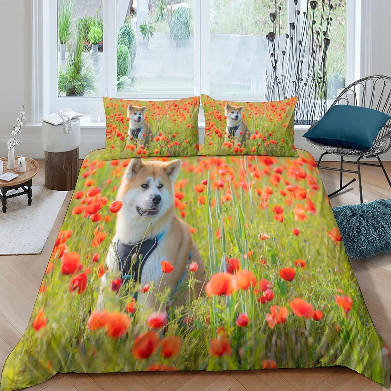 Ctjqhvkz Style-5 3D Printed Shiba Inu Dog Poppy Flower Field Fitted Sheet Microfiber Soft Mattress Cover For Bedroom Guest Room Decor Single（135X200cm）