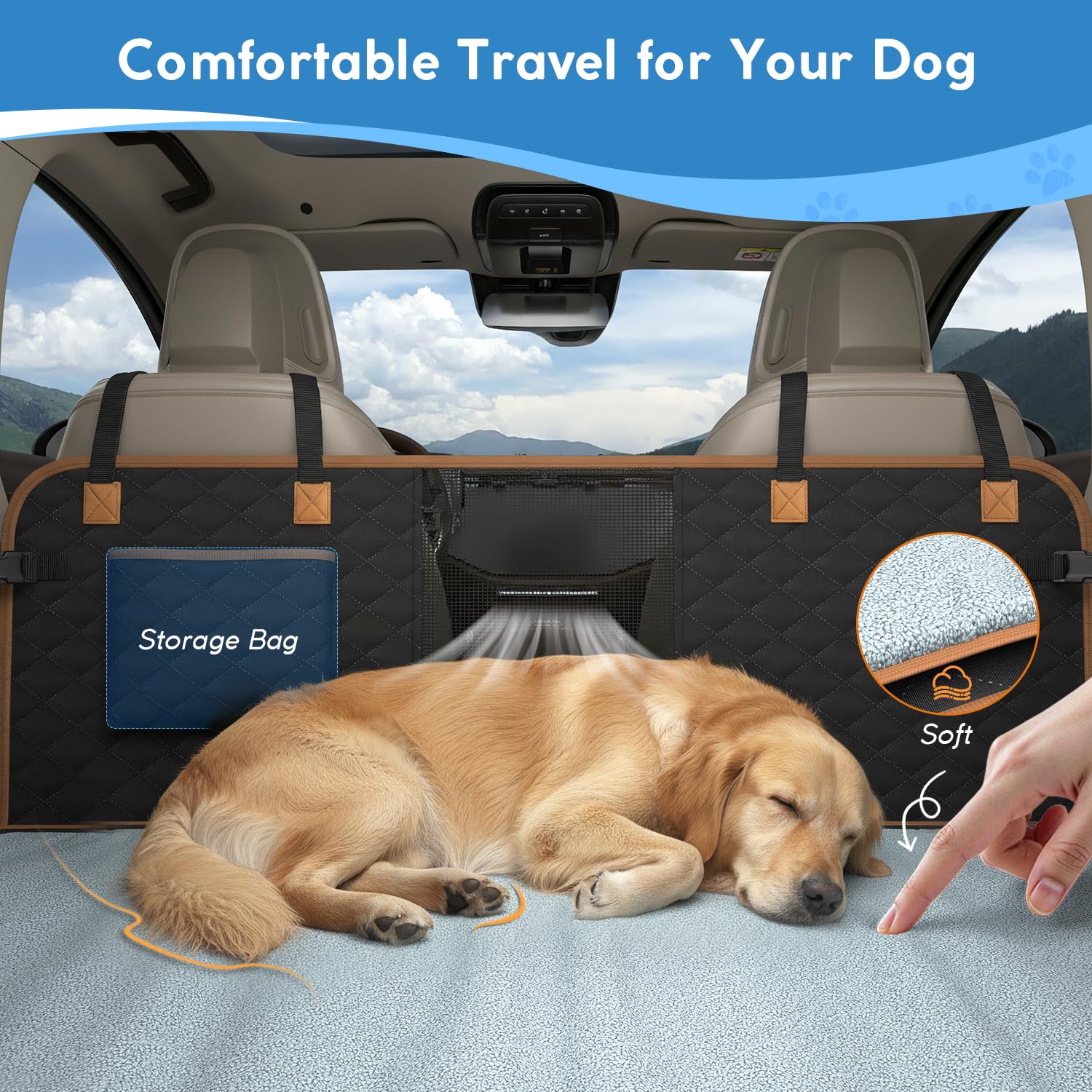 MyeMdan Coprisedile Auto per Cani e una Morbida Coperta, Impermeabile, Antigraffio, con 8 Robuste Tavole in Legno Duro Per la Maggior Parte Delle Auto, SUV, Nero