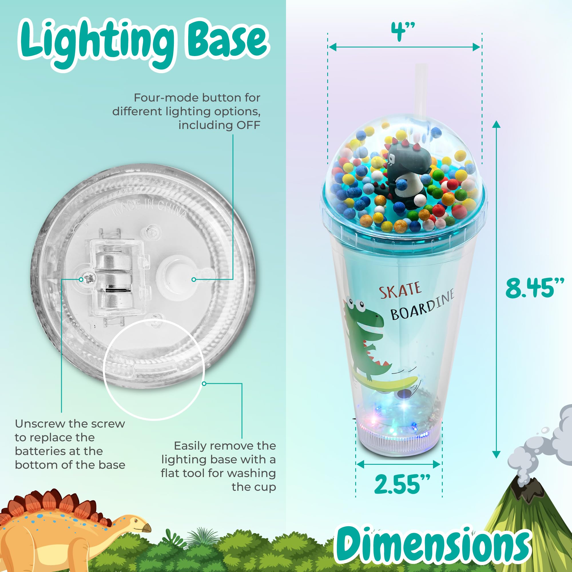 Vaso con luz para niños, botella de agua de 16 onzas con LED que brilla en la oscuridad, sin BPA, tapa con pajita, reutilizable, duradera, doble pared, bonito diseño para niñas y niños (unicornio