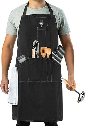 Miniatura 7 de opux Delantal de chef para hombres, delantal de cocina con bolsillos para mujer, delantal grande de lona unisex para cocinar, asar a la parrilla,