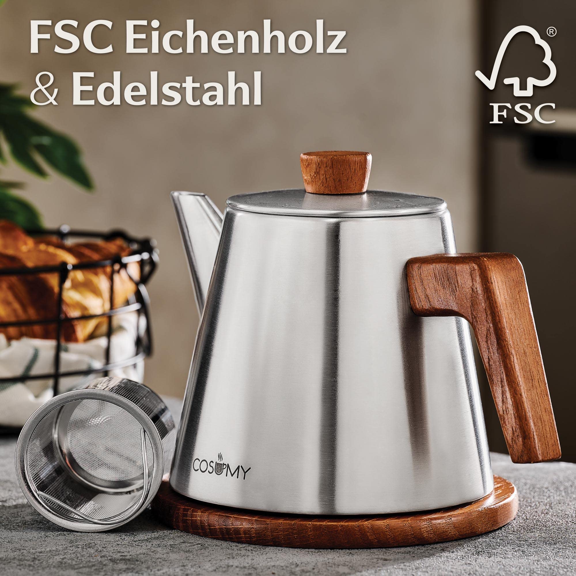 Cosumy Teekanne mit Siebeinsatz und Untersetzer - Dickes Edelstahl - Induktion & alle anderen Herdarten - 1200ml - Thermo Teekanne Metall mit Warmhaltefunktion