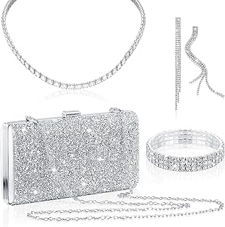 4 Pieces Women Rhinestone Evening Clutch Bag Bling Earring Necklace Bracelet for Wedding Formal