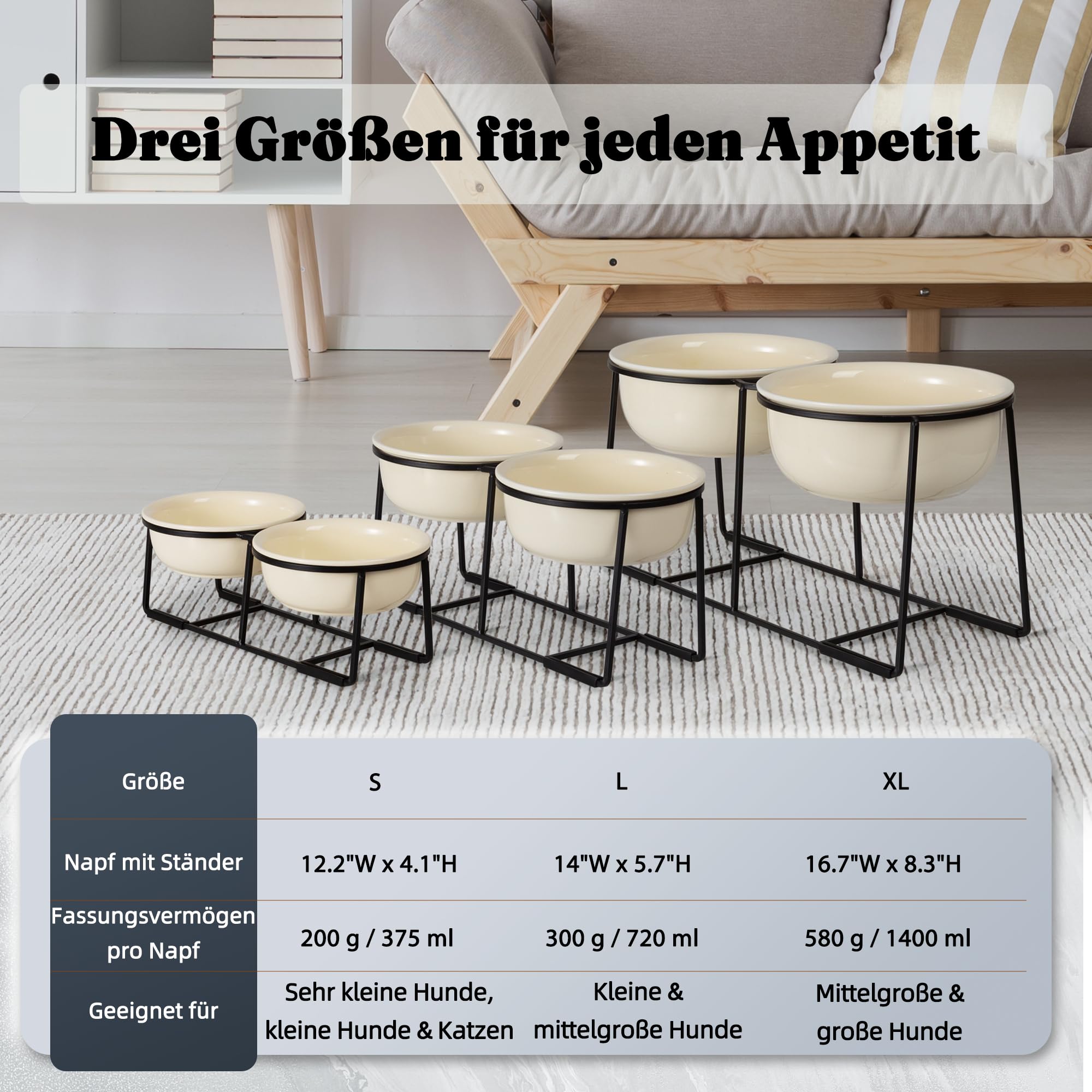 Hundenapf Set Erhöht Hundenäpfe Keramik - Doppel Fressnapf Hund Groß mit Rutschfestem Metallständer - Hunde Napfset für Futter Wasser - Ideal für Mittelgroße und Große Hunde - 2 x 1400 ml - Beige